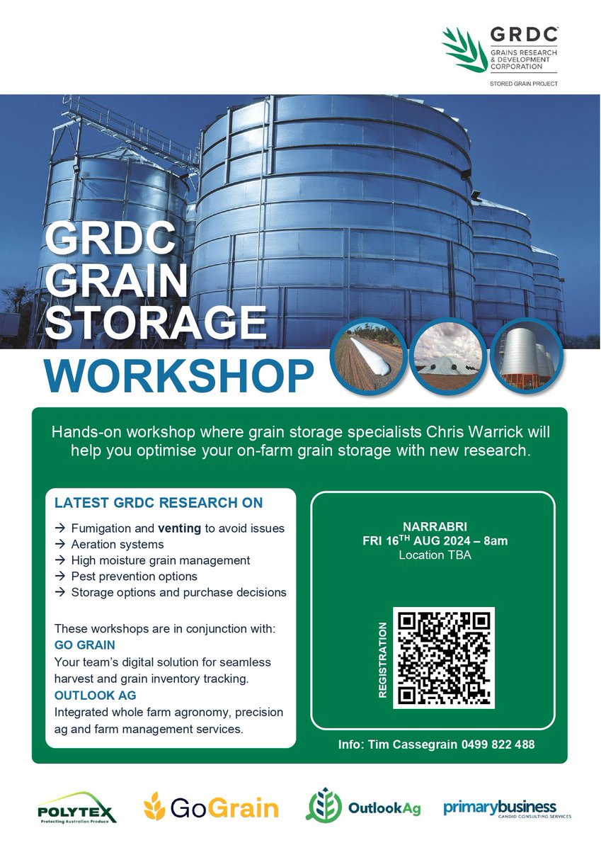 mrchriswarrick's tweet image. Heading to NSW next week to share the latest research to optimise on-farm grain storage. Bring your questions to GRDC Updates at Osborne 13th, Grenfell 14th, Trangie 15th and dedicated workshops at Narrabri and Moree 16th. Thanks to @theGRDC @GRDCNorth