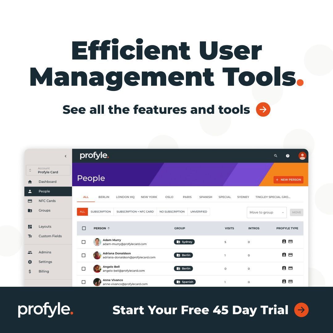 profylecard's tweet image. Boost your team's efficiency with our User Management Tools! 🚀 See all features and streamline your operations. Start your Free 45-Day Trial now! go.profyle.cards/jfmunF #Efficiency #UserManagement #TechTools