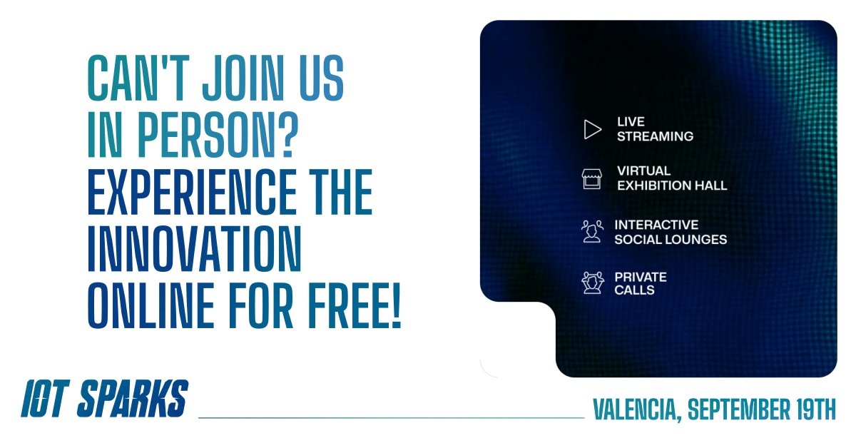 Unlock the future of #IoT from anywhere in the world: iot-sparks.com/tickets

🗣 Keynotes and panel discussions live
👩‍💻Explore virtual booths and meet our sponsors
🤝Connect with industry experts in virtual lounges
🎯Create private rooms for focused business conversations