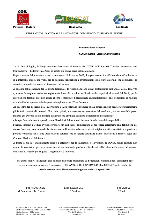 🔴🟢🔵 In #Basilicata i dipendenti di imprese alberghiere e tour operator incroceranno le braccia per lunedì 12 agosto per rivendicare il rinnovo dopo sei anni del contratto, l'adeguamento delle retribuzioni e il miglioramento delle condizioni di lavoro. #IlContrattoCiSpetta