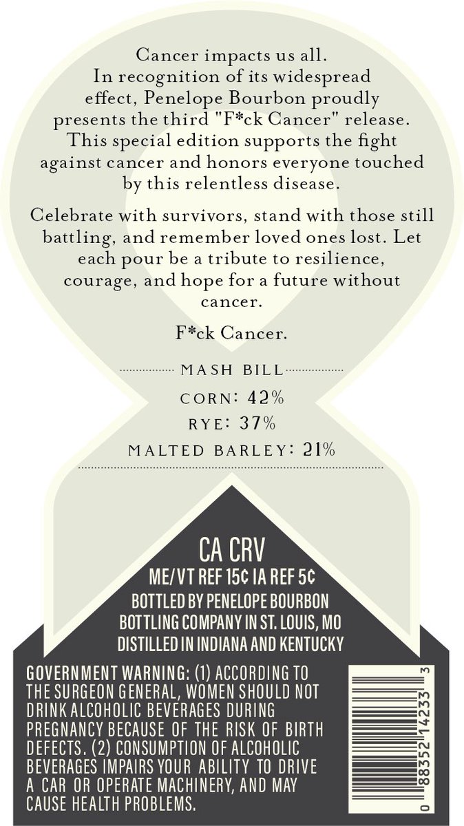 TheBourbonNews's tweet photo. New Label Approval: @penelopebourbon F*ck Cancer
#bourbon #whiskey https://t.co/jAL2jWjkhI