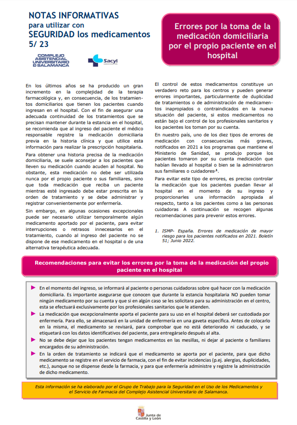 ‼️Recomendaciones para evitar los errores por la toma de la medicación del propio paciente en el hospital #SegPac <a href="/sacyl/">Sacyl</a> 

El control de estos medicamentos constituye un verdadero reto para los centros y pueden generar errores importantes, particularmente de duplicidad de
