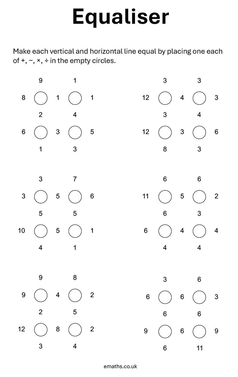 Today's activity is a set of Equaliser puzzles.

These are great for getting pupils to think carefully about the four operations.

You may download the full set of puzzles here:  emaths.co.uk/teacher-resour…
