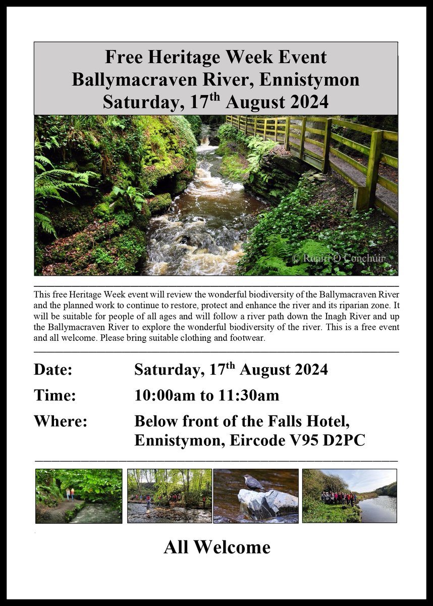 Really looking forward to this free Heritage Week event on Saturday 17 August at 10am on the Ballymacraven River, Ennistymon, North Clare

Please repost.

Full details here: heritageweek.ie/event-listings…