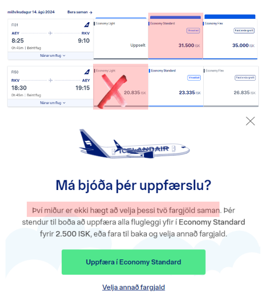 Æji <a href="/Icelandair/">Icelandair</a> í alvörunni - ekki hægt. Að skreppa fram og til baka á þó því lægsta fargjaldi sem hægt er en nei, kerfið segir nei, ég skyldi kaupa dýrara gjald.