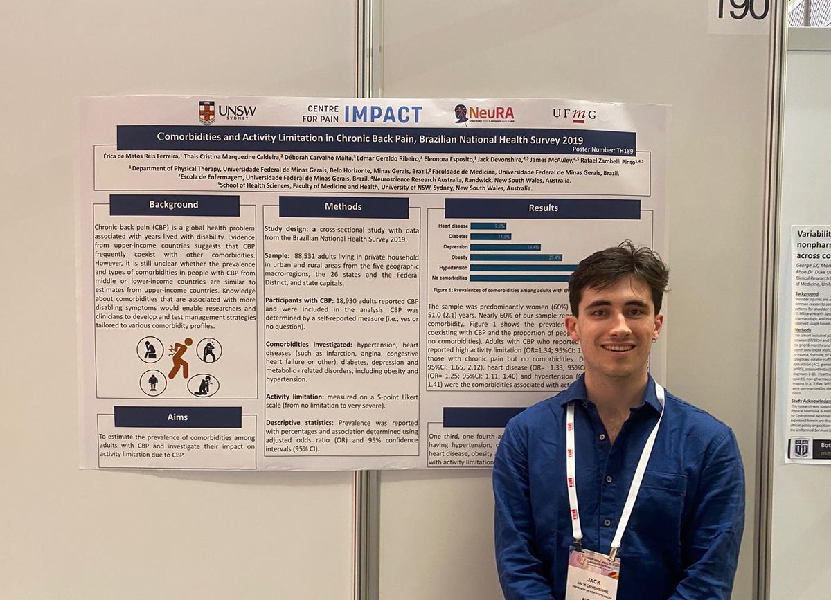 Jack Devonshire (@jackdevonshire6) on Twitter photo Presented another study from <a href="/Rafael_Z_Pinto/">Rafael Zambelli</a> and his team at UFMG, Brazil, investigating the prevalence of comorbidities in 18,900 adults with chronic low back pain. Important insights into this critical area of research
<a href="/IASPpain/">IASP</a> #WC2024 <a href="/PainIMPACTNeuRA/">Centre for Pain IMPACT</a> Presented another study from <a href="/Rafael_Z_Pinto/">Rafael Zambelli</a> and his team at UFMG, Brazil, investigating the prevalence of comorbidities in 18,900 adults with chronic low back pain. Important insights into this critical area of research
<a href="/IASPpain/">IASP</a> #WC2024 <a href="/PainIMPACTNeuRA/">Centre for Pain IMPACT</a>