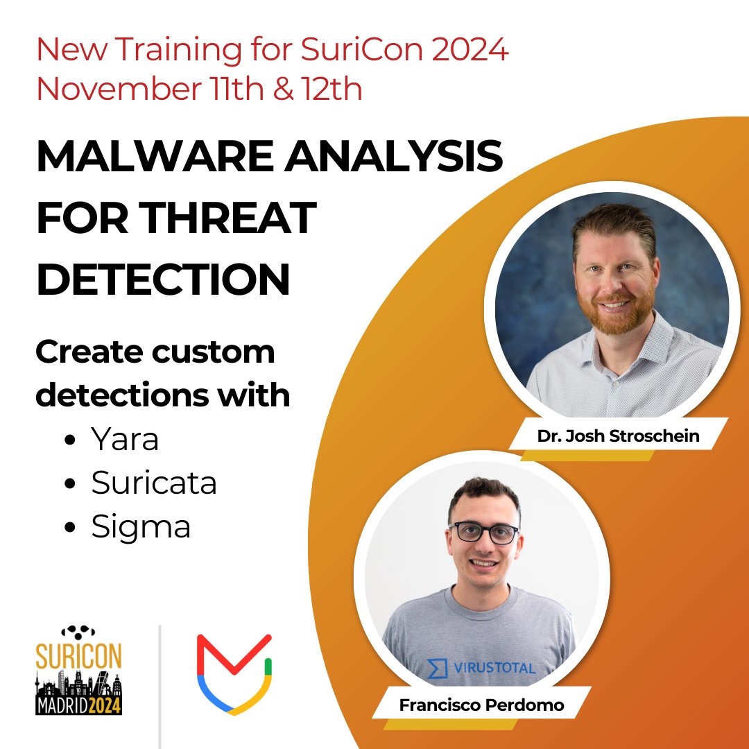 You heard it here first! Dr. <a href="/jstrosch/">Josh Stroschein | The Cyber Yeti</a> and <a href="/cyberpanch/">cyber_panch</a> will join us for a NEW third training session before #SuriCon. They’ll share their expertise on tooling and crowdsource intelligence for "Malware Analysis for Threat Detection." Register today! eventbrite.com/e/suricon2024-…