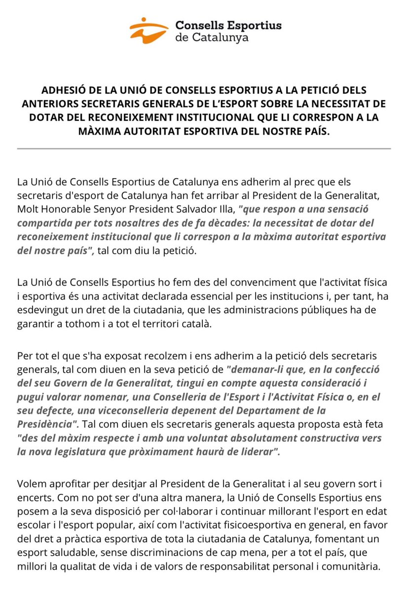 📣 La <a href="/UCECcat/">Consells Esportius de Catalunya</a> ens adherim al prec que els secretaris d'esport de Catalunya han fet arribar al President de la Generalitat, Molt Honorable Senyor President Salvador Illa:

⬇️⬇️