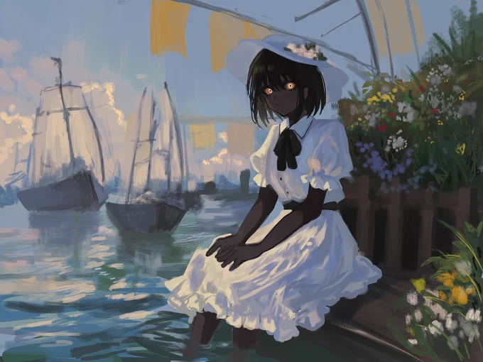 #私はこういう絵師です見た絵師全員参加黒肌に白い服を纏った少女がすき印象派絵画みたいな雰囲気の絵もっと描きたい 
