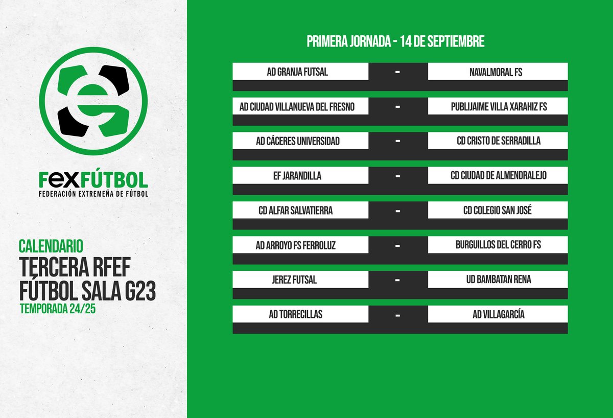 🥅 | #FútbolSala |

✅¡¡¡Ya disponible el 📅𝗖𝗔𝗟𝗘𝗡𝗗𝗔𝗥𝗜𝗢 de 🏆𝗧𝗘𝗥𝗖𝗘𝗥𝗔 𝗥𝗙𝗘𝗙 𝗚𝟮𝟯 para la Temporada 2024/2025!!! 

🚀Inicio el 14 de septiembre.

🔗Calendario completo 👉goo.su/HDPUg

👍¡Mucha suerte a todos los equipos!

#Extremadura💚🤍🖤