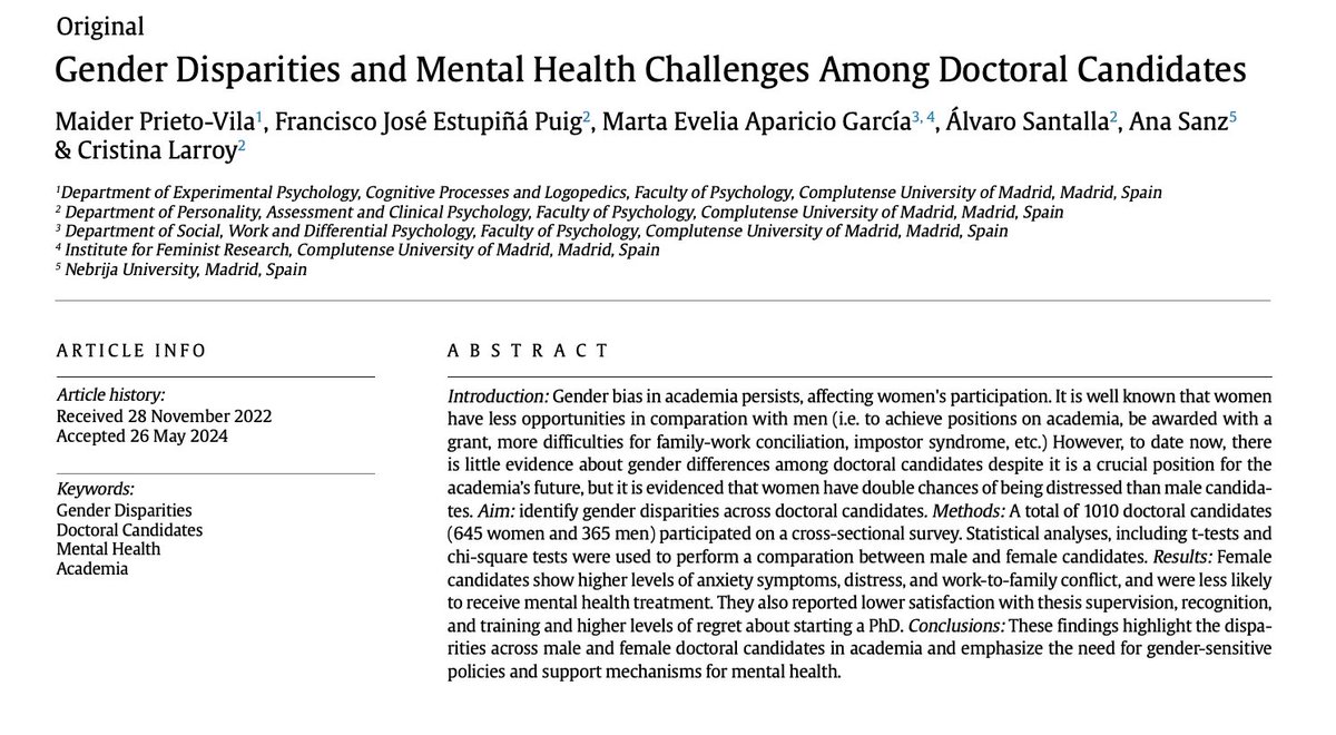 Sabíamos de la crisis de salud mental en doctorado, con prevalencia altísima en ambos géneros. PERO, observamos una mayor prevalencia en mujeres que en hombres, por lo que nos preguntamos...

¿Cuáles son las diferencias entre doctorandos y doctorandas? 

Veamos... dentro hilo🧵👇