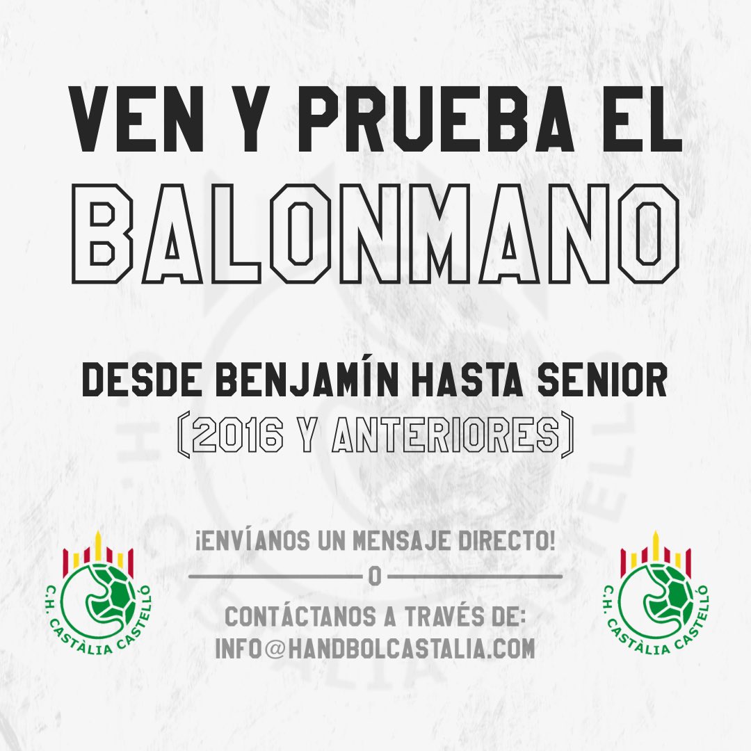 Juga a l’Handbol!
El Club Handbol Castàlia Castelló t'espera! Valors, diversió i compromís!
———————-
Juega a Balonmano!
El Club Handbol Castalia Castello te espera! Valores, diversión y compromiso! <a href="/AjuntCastello/">Ajuntament de Castelló</a> <a href="/DipuEsport/">Castellón, Escenario Deportivo</a> <a href="/PatronatEsports/">Patronat Esports Cs</a>