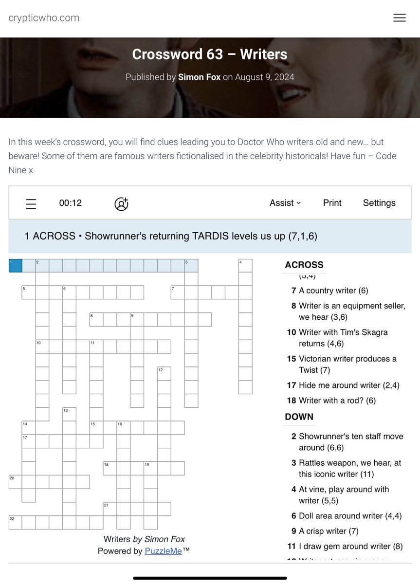 CrypticWho1963's tweet photo. This week’s #DoctorWho crossword is all about the writers! No need for a quill though in this INTERACTIVE crossword! #CrypticWho https://t.co/kOIwXC7vd0 #crosswords https://t.co/kiuzLOhCJq