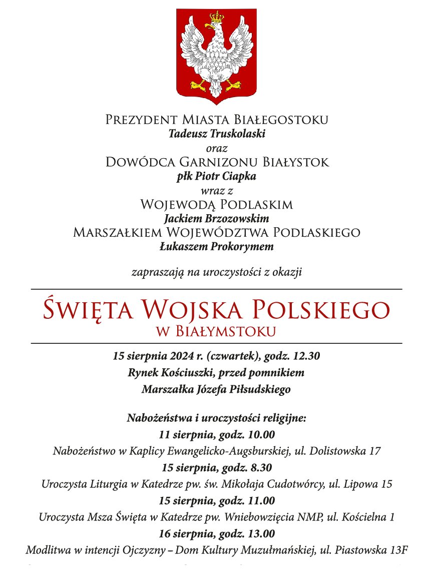 WBialystok's tweet photo. W czwartek (15 sierpnia), obchodzone będzie Święto Wojska Polskiego. Jak co roku, tego dnia również w Białymstoku odbędzie się uroczysty apel na Rynku Kościuszki. Atrakcje dla mieszkańców przygotowało także @MuzeumWojska w Białymstoku ➡️ https://t.co/Z2A9kZj0kh 
#Białystok https://t.co/BY9kci7Aaw