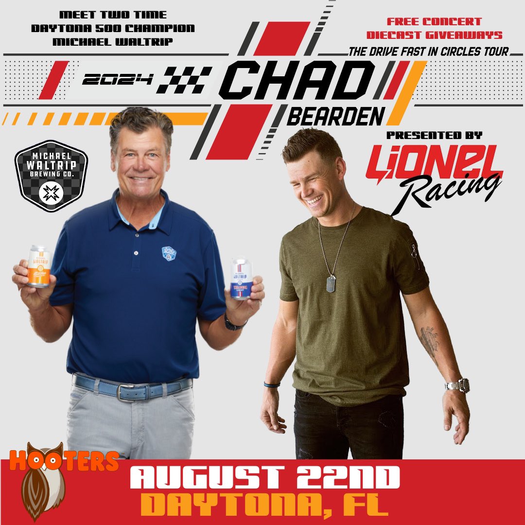 Daytona! Let’s go! 

Free concert with @chadbearden , meet 2X Daytona 500 Champion @mw55 and win rare Diecasts of your favorite drivers from @lionel_racing ! It’s all going down right across from the track in the parking lot of @hootersdayton !