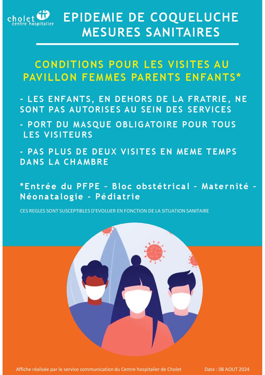 Centre Hospitalier de Cholet (@ch_cholet) on Twitter photo L’épidémie de coqueluche (Bordetella pertussis) sévit actuellement en France et sur le territoire Choletais. Elle touche essentiellement les nouveaux-nés et les nourrissons.
En raison de ce contexte sanitaire exceptionnel, le <a href="/ch_cholet/">Centre Hospitalier de Cholet</a> a mis en place des mesures de prévention. L’épidémie de coqueluche (Bordetella pertussis) sévit actuellement en France et sur le territoire Choletais. Elle touche essentiellement les nouveaux-nés et les nourrissons.
En raison de ce contexte sanitaire exceptionnel, le <a href="/ch_cholet/">Centre Hospitalier de Cholet</a> a mis en place des mesures de prévention.