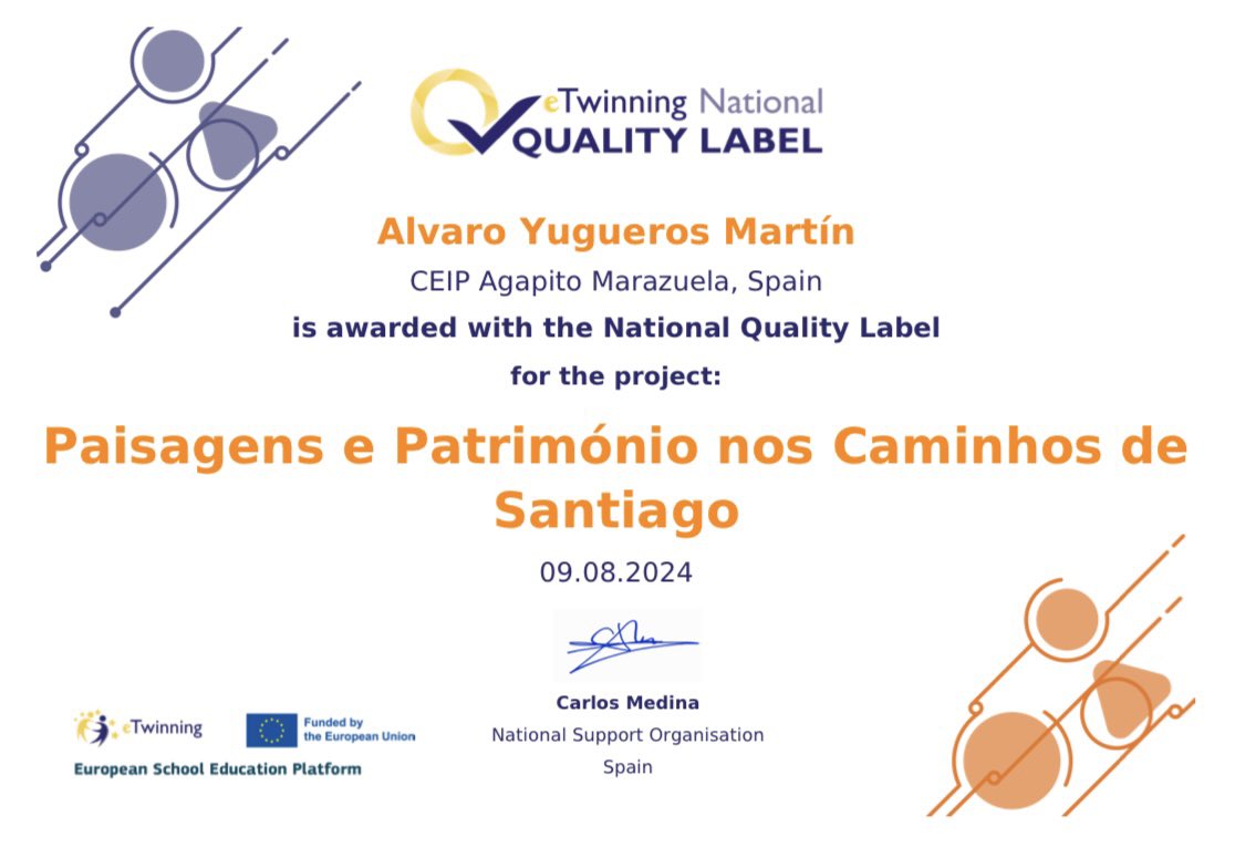 Continúan las buenas noticias este verano 👏

Acaban de concedernos el sello de calidad <a href="/eTwinning_es/">eTwinning España</a> por el proyecto que hicimos en el <a href="/CEIPAgapitoM/">Ceip AgapitoMarazuela</a> junto con nuestros socios de Portugal 🇵🇹 🤝🇪🇸
Gran trabajo!

<a href="/eTwinningEurope/">eTwinningEurope</a> <a href="/educacyl/">Educación JCyL</a> <a href="/eTwinning_CyL/">eTwinning Castilla y León</a> <a href="/CFIE_Segovia/">CFIE de Segovia</a> <a href="/CFPIdiomas/">CFP IDIOMAS</a>