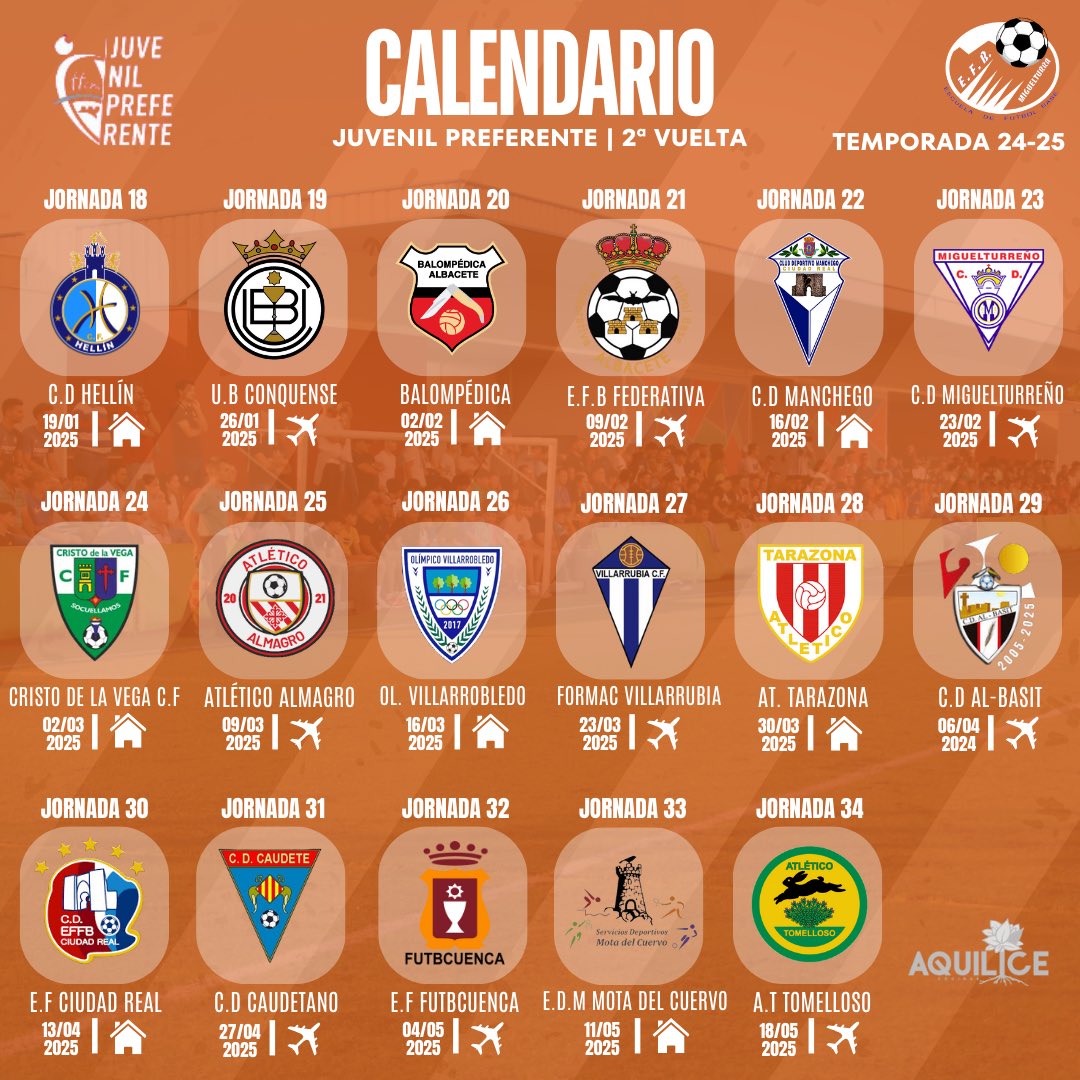 JUVENIL PREFERENTE | TEMPORADA 24-25

¡Ya tenemos calendario para nuestro Juvenil Preferente!

Debutamos en Hellín el día 8 de Septiembre.

¡Vamos Naranjas!🧡🧡🧡🧡