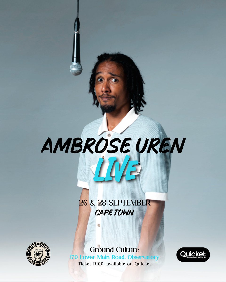 AmbroseUren's tweet photo. Another work in progress hour on the way at Ground Culture, Observatory.

Early bird tickets available now on @quicket
Book now to secure your seats. 

See you next month!✌🏽❤
#standupcomedyincapetown
#standupcomedysouthafrica
#comedyincapetown #whatsonincapetown #capetownevents https://t.co/2eSNkYnOy0