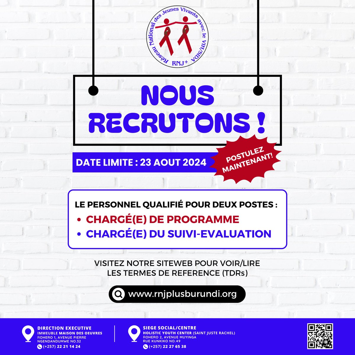 Le RNJ+ desire recruiter le personnel pour deux postes :

1. Chargé(e) des programmes pour soutenir ses activites ;
2. Chargé(e) du suivi-évaluation dans le cadre de la continuité du projet C-19 RM

Pour plus de détails, consultez le lien ci-dessous : ⬇
shorturl.at/KQW3z
