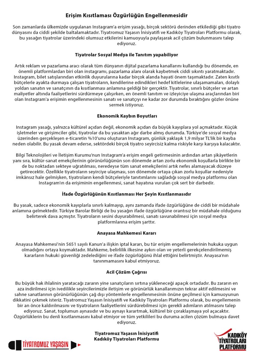 İnstagram Yasağı Tiyatroları Zor Durumda Bırakıyor! #birliktegüçlüyüz #instagramımıgeriver 
#kabuletmiyoruz 
#TiyatromuzYaşasın ❤️
