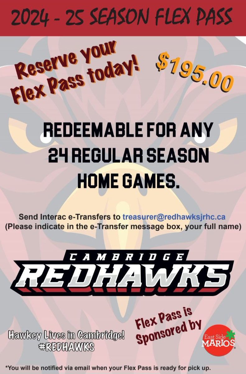 Join us at Ribfest this weekend and meet the Redhawks players at our tent. We're offering a special deal on flex passes, originally priced at $195.00, now available for $175.00. 

#Redhawks 
Hawkey Lives in Cambridge!