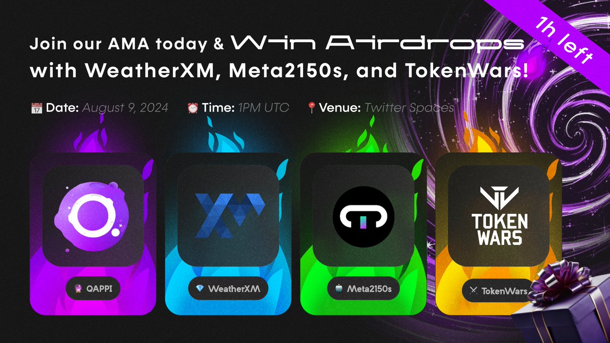 Qappi (formerly AlphaGuilty) (@qappi_official) on Twitter photo ⏰ Only 1 Hour Until the AMA!
Hey Qappi Miners! Our exciting AMA session with <a href="/WeatherXM/">WeatherXM</a>, <a href="/Meta2150s/">Meta2150s | Metabot on Solana</a>, and @Tokenwars_io starts in just one hour. Get your questions ready and join us!
🎁 AMA Airdrop Special:
1) Participate in the AMA and take a screenshot of your attendance.
2) ⏰ Only 1 Hour Until the AMA!
Hey Qappi Miners! Our exciting AMA session with <a href="/WeatherXM/">WeatherXM</a>, <a href="/Meta2150s/">Meta2150s | Metabot on Solana</a>, and @Tokenwars_io starts in just one hour. Get your questions ready and join us!
🎁 AMA Airdrop Special:
1) Participate in the AMA and take a screenshot of your attendance.
2)