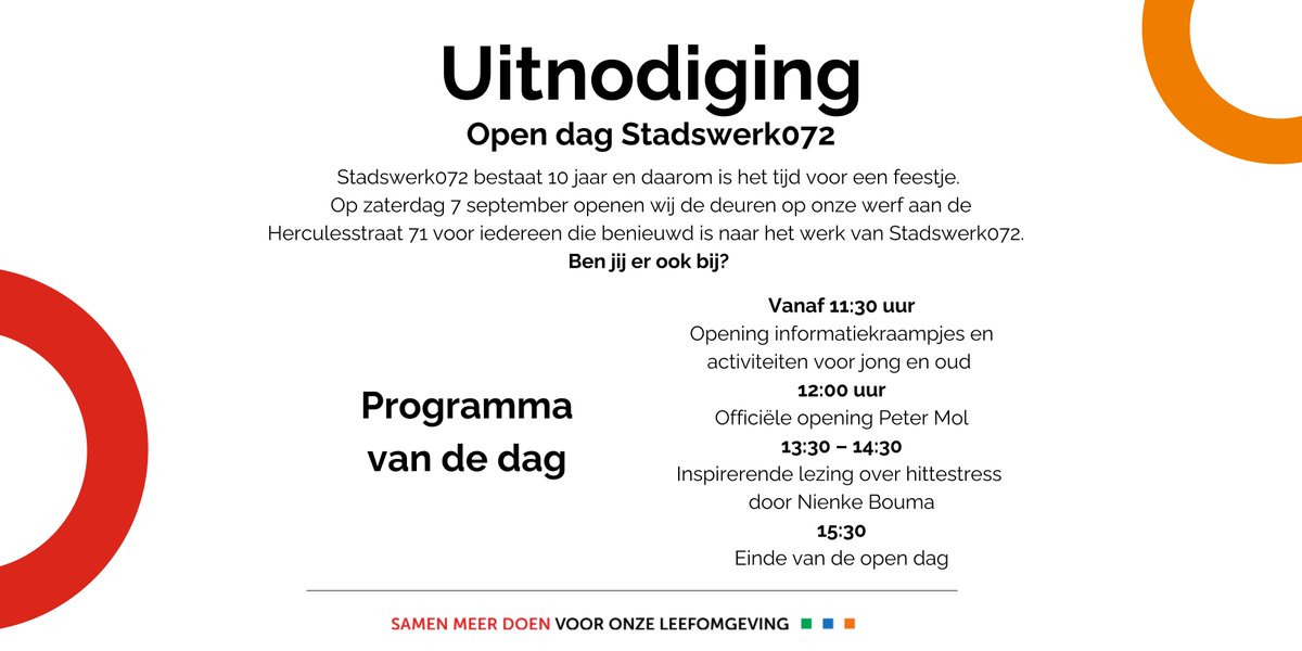 📣 Kom jij ook naar de open dag bij Stadswerk072 op zaterdag 7 september?
 
💚 Het programma is bekend! Er zijn verschillende informatiekraampjes van de verschillende afdelingen of doe mee aan een van de leuke actviteiten voor jong en oud.

Meer info: bit.ly/46HeUlH