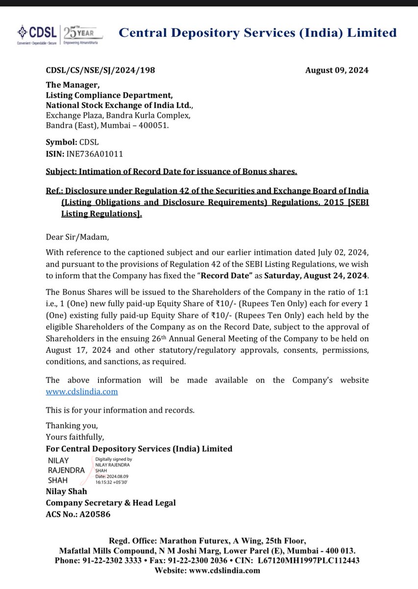 Stock_To_Trade's tweet photo. EXCLUSIVE officially 

#𝗖𝗗𝗦𝗟 𝗕𝗢𝗡𝗨𝗦 𝗦𝗵𝗮𝗿𝗲 𝟏:𝟏 

𝗥𝗲𝗰𝗼𝗿𝗱 𝗗𝗮𝘁𝗲 24/08/2024. 

#NIFTY #Sensex #StockMarketINDIA #CDSL #BSE #StocksToInvest #StocksToTrade https://t.co/N5r1lyATJX