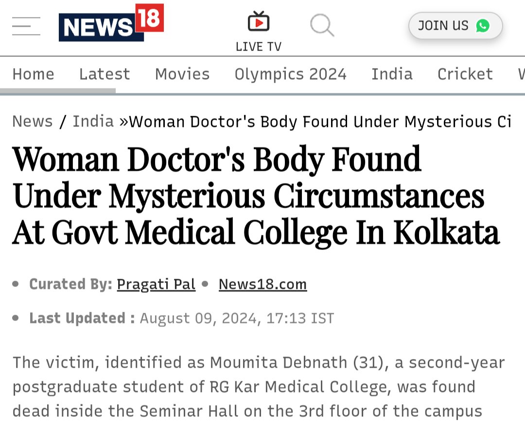 AtikantKumar2's tweet photo. Shocked by the brutal incident at RG KAR Medical College Kolkata. A female doctor was raped, murdered, and found with severe injuries, yet the case is being labeled as a suicide. We demand justice for Dr. Aishwarya. Stand with us! 🙏
#JusticeForDrAishwarya @MamataOfficial https://t.co/whyhm2gz3k