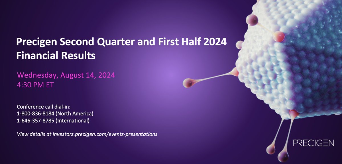 Join #Precigen on Wednesday, August 14, 2024 at 4:30 PM ET for a conference call to discuss second quarter and first half 2024 financial results. View details: bit.ly/3LqNK9i $PGEN