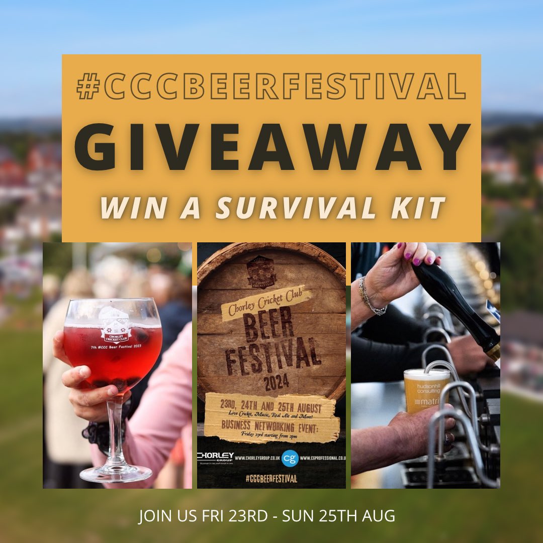 ChorleyCC's tweet photo. #CCCBeerFestival 2024 Giveaway! 🎉🍻

To celebrate our biggest bank holiday weekend yet, we’re giving away a Survival Pack that includes £30 in beer or gin tokens, a free gin and pint glass, plus a £20 food vendor voucher (for Matolis or Wings &amp; Things) https://t.co/F6XvcDOV4o