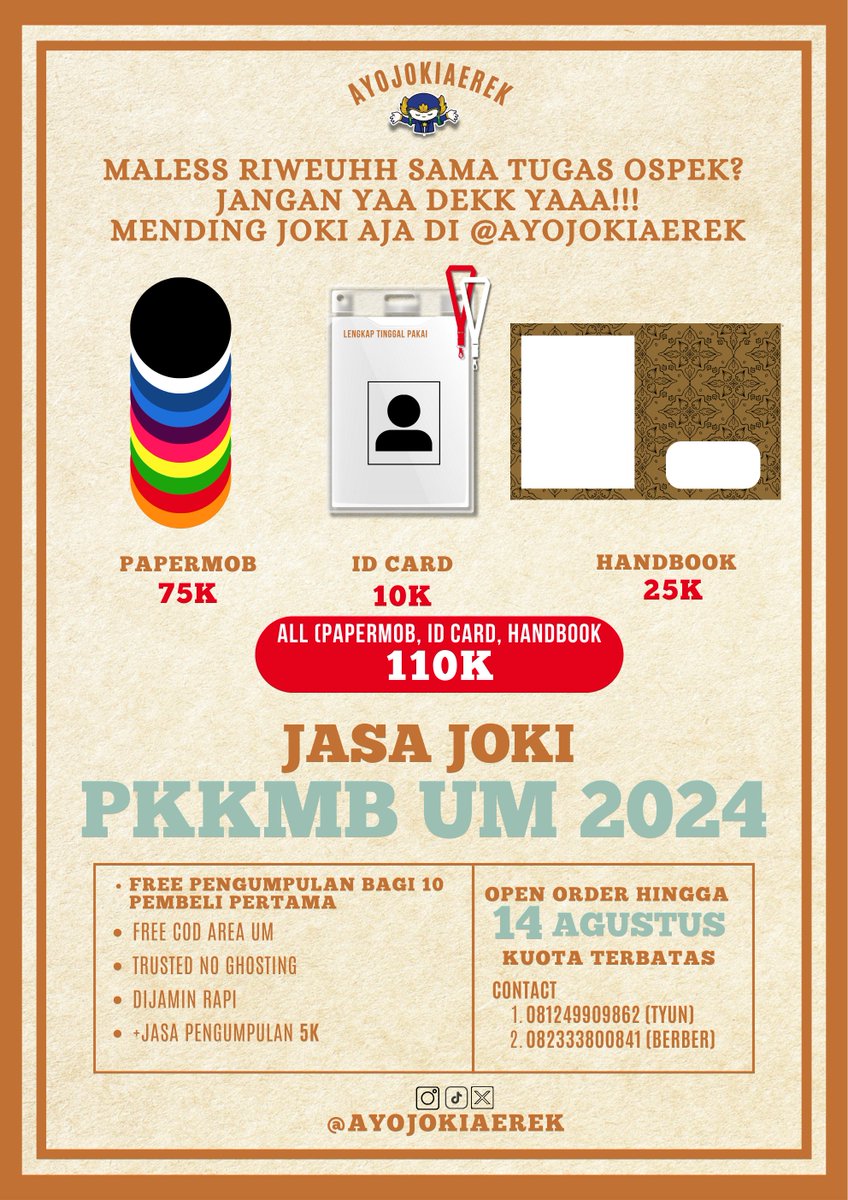 ayojokiaerek's tweet photo. Haloo maba UM👋Sudah siap untuk acara PKKMB belum? Tim AYOJOKIAEREK hadir untuk mempermudah tugas ospek kalian nihh Jangan lupa pantengin @ayojokiaerek teruss yaaa📷
#pkkmbum2024 #jokipkkmbum2024 #jokiospekum #jokipapermobum #papermob #idcard #handbook #universitasnegerimalang https://t.co/iVxw2HAcK2