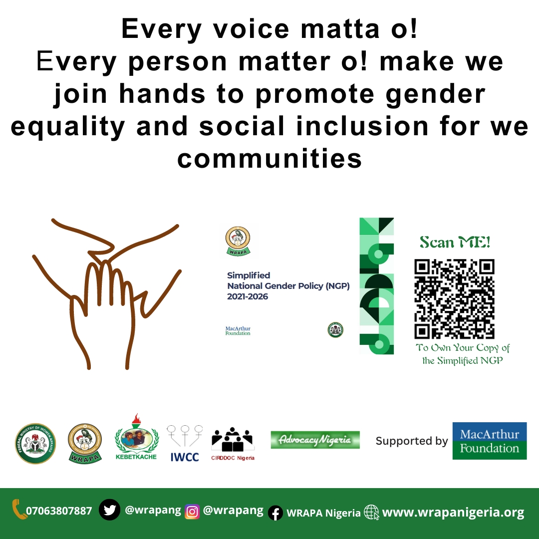 The National Gender Policy recognizes the intersectionality of gender and disability, addressing the unique challenges faced by persons with disabilities. 

Get a copy of the Simplified 2021 Revised National Gender Policy here: wrapanigeria.org/wp-content/upl…

<a href="/macfound/">MacArthur Foundation</a> 

#KnowYourNGP