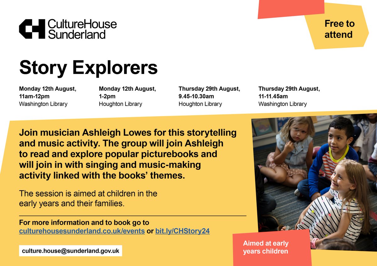 We are pleased to be bringing our free Story Explorers sessions to Washington and Houghton Libraries!

Starting next week, our group will explore popular picture books with musician Ashleigh Lowes and join in with singing and music-making activity 🪇

bit.ly/CHStory24