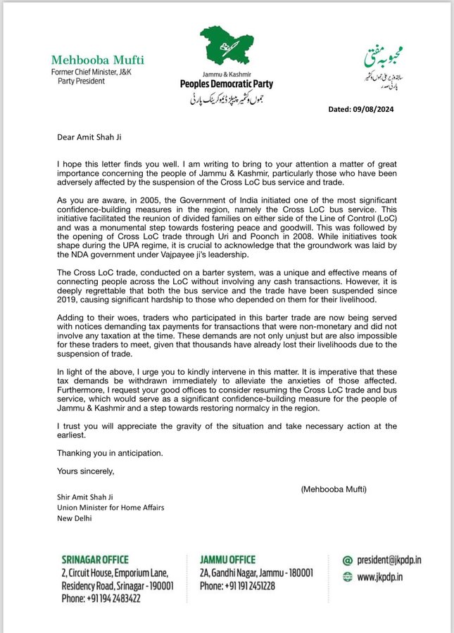 TheEarthNews1's tweet photo. #Mehbooba Mufti Writes To #HomeMinister: Traders Traders Who Strengthened #CrossLOC Trade for Peace Face Unjust Tax Demands; #Urgent Appeal for Resolution #AmidBurden
@HMOIndia @MehboobaMufti https://t.co/GaeUeHPjFp
