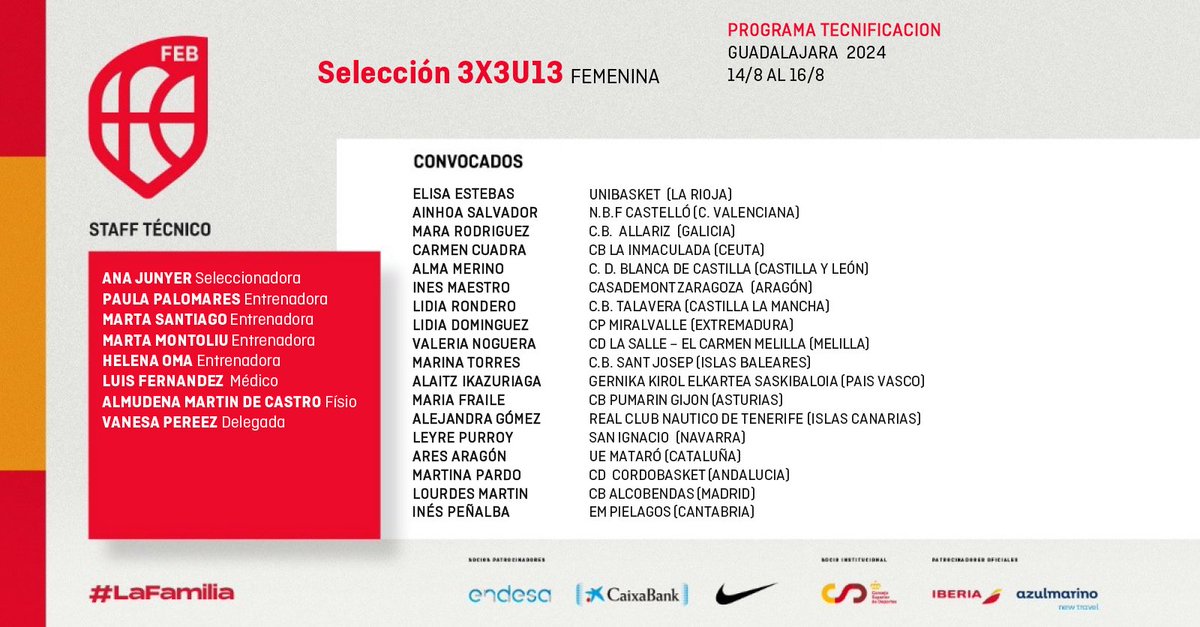 Cantera_Basket's tweet photo. #U13F3x3 📋 Convocatoria U13 femenina de 3x3 para la tecnificación de verano. 🏀🇪🇸

📆 14-16 de agosto
📍 Guadalajara https://t.co/wzLVsJFNSf