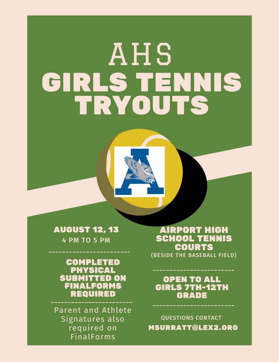 Fulmer Middle School (@fulmerfalcons) on Twitter photo 7th and 8th grade girls - <a href="/AHS_Leads/">Airport High School Eagles</a> Tennis tryouts are coming up! See Mr. Surratt with any questions. 7th and 8th grade girls - <a href="/AHS_Leads/">Airport High School Eagles</a> Tennis tryouts are coming up! See Mr. Surratt with any questions.