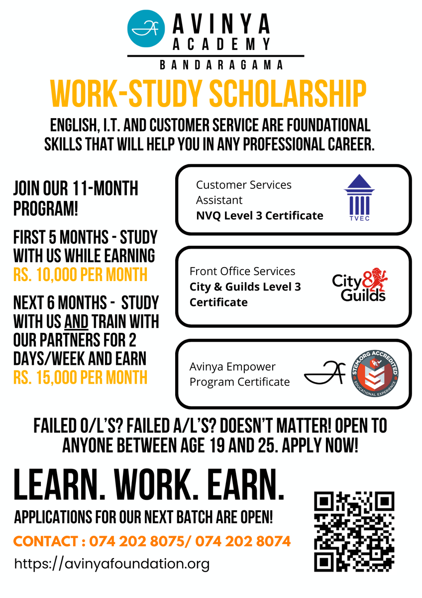 sanjiva's tweet photo. The Avinya Foundation @avinya_f is pleased to announce our new program: A 11-month "Work Study Scholarship" where the students will get 3 certifications at the end (TVEC Level 3 Customer Service, City & Guilds Level 3 (equal to AL) Front Office Services and Avinya Empower Program) and will get paid while doing the program: Rs. 10,000/month for the first 5 months (full time at Avinya) and Rs. 15,000/month for the second 6 months (3 days at Avinya, 2 days practical experience).

Our goal is to give the student a solid foundation in English, IT, 21st century skills and customer orientation so that they can build on that to either work or build a profession in any vocational or intellectual area.

And the best part is the student doesn't pay anything but instead gets paid to study.

Please share with 19-25 year olds who feel they missed the boat but are ready to take up the challenge of a second chance to become a professional!

Program starts in September - apply now!