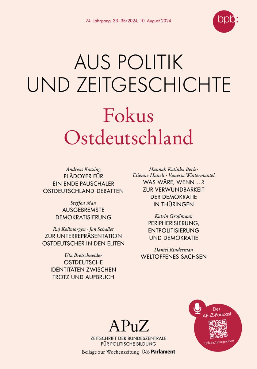 APuZ (@apuz_bpb) on Twitter photo Unsere neue Ausgabe "Fokus #Ostdeutschland" ist online! Mit Texten von @AKoetzing, <a href="/MauSteffen/">Steffen Mau</a>, Raj Kollmorgen/Jan Schaller <a href="/HochschuleZiGr/">HS Zittau/Gƶrlitz</a>, <a href="/bretschneider_u/">uta bretschneider</a>, H.Beck/E.Hanelt/V.Wintermantel <a href="/Verfassungsblog/">Verfassungsblog</a>, Katrin GroĆmann @FH_Erfurt und <a href="/DanielKinderman/">Daniel Kinderman</a>.
bpb.de/551131 Unsere neue Ausgabe "Fokus #Ostdeutschland" ist online! Mit Texten von @AKoetzing, <a href="/MauSteffen/">Steffen Mau</a>, Raj Kollmorgen/Jan Schaller <a href="/HochschuleZiGr/">HS Zittau/Gƶrlitz</a>, <a href="/bretschneider_u/">uta bretschneider</a>, H.Beck/E.Hanelt/V.Wintermantel <a href="/Verfassungsblog/">Verfassungsblog</a>, Katrin GroĆmann @FH_Erfurt und <a href="/DanielKinderman/">Daniel Kinderman</a>.
bpb.de/551131