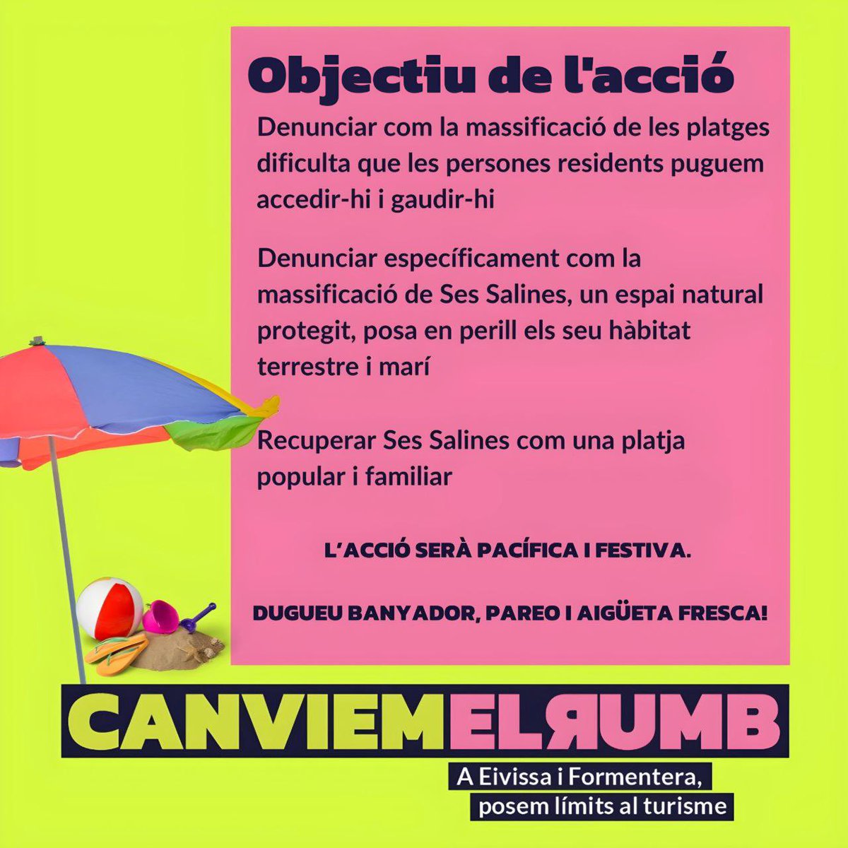⛱️*OCUPEM SA PLATJA*
*Diumenge 11 | 10h*
📍Platja de Ses Salines (zona Beso Beach)

📣Diumenge anirem a sa platja de Ses Salines per denunciar: 1) sa massificació de ses platges  2) sa dificultat que tenim es residents per accedir a platges que abans eren populars i familiars.
