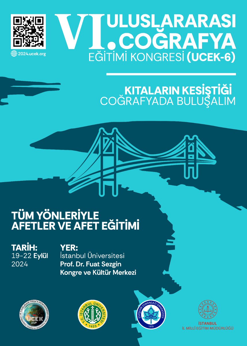 📢 6. Uluslararası Coğrafya Eğitimi Kongresi (UCEK-6) İl Millî Eğitim Müdürlüğümüz ve Eskişehir Osmangazi Üniversitesi, Eğitim Fakültesi, Türkçe ve Sosyal Bilimler Eğitimi Bölümü'nün iş birliğinde 19-22 Eylül 2024 tarihleri arasında İstanbul Üniversitesi Prof. Dr. Fuat Sezgin