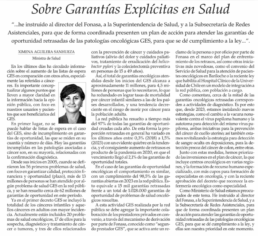 ximenaguilera's tweet photo. Comparto columna sobre Garantías Explícitas en Salud, específicamente patologías asociadas a cáncer. Un tema que nos preocupa, por ello priorizamos inversiones del plan de cáncer e instruí que se presente plan de acción para atender garantías de oportunidad retrasadas oncológicas https://t.co/9v1NyX9F7C