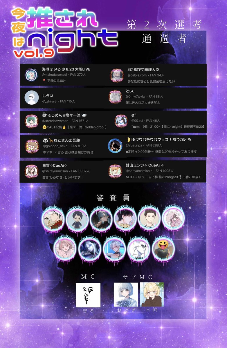 #推されnight9 #推しがみつかる企画 

最終選考に進出したのは下記の方々です！
10名の方々おめでとうございます👏

今回は参加人数が多かったので
最終選考でおまけ枠を4名分設けました！
審査対象外ですが自己PRをして頂きます！

最終選考は8/20 (火) 20:00~ 

皆様、推しをみつけに来て下さい！