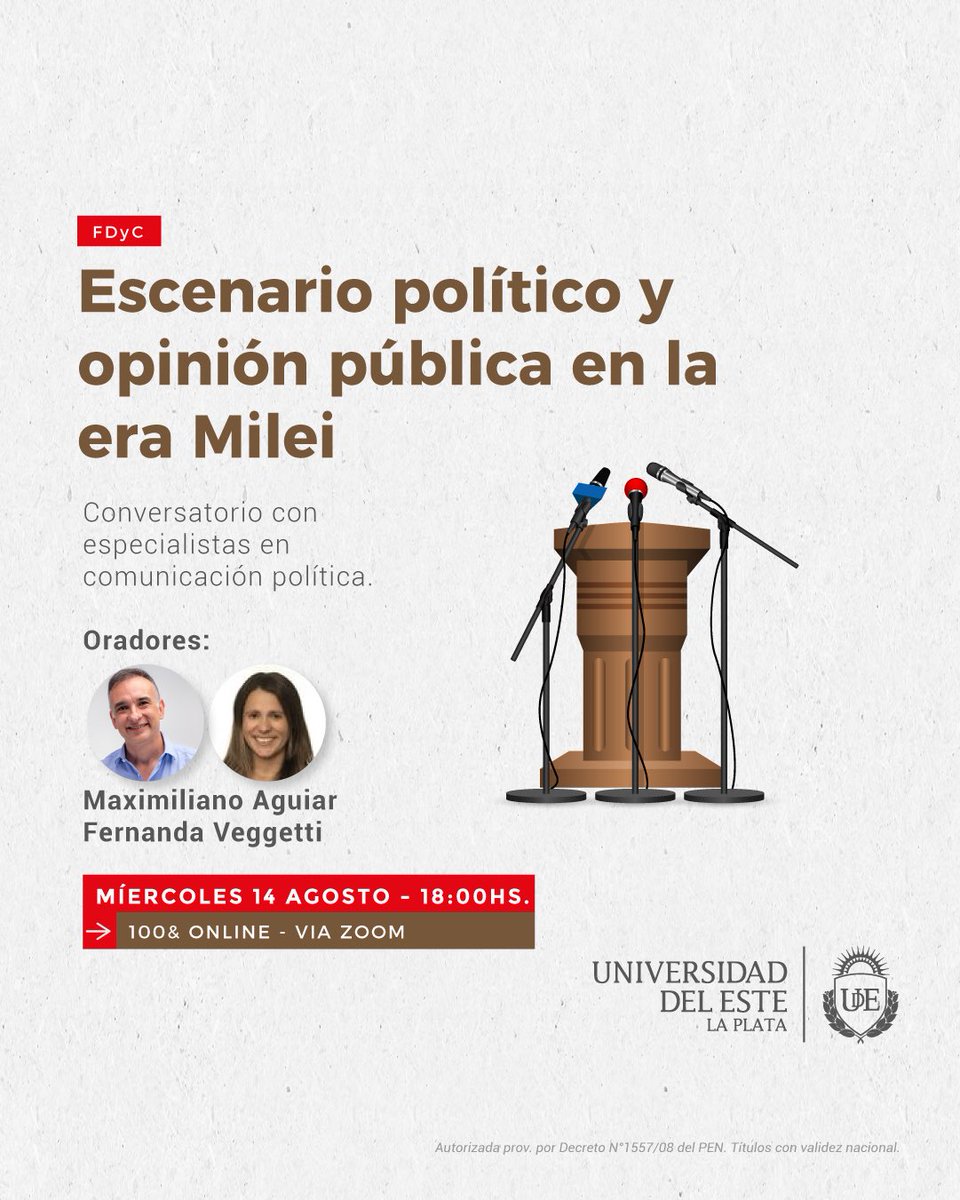 🗣 Te invitamos a participar del Conversatorio organizado por la Licenciatura en Relaciones Públicas donde se analizará la situación actual, utilizando herramientas de la comunicación política y la investigación social.
🔎Link de inscripción zoom.us/meeting/regist…