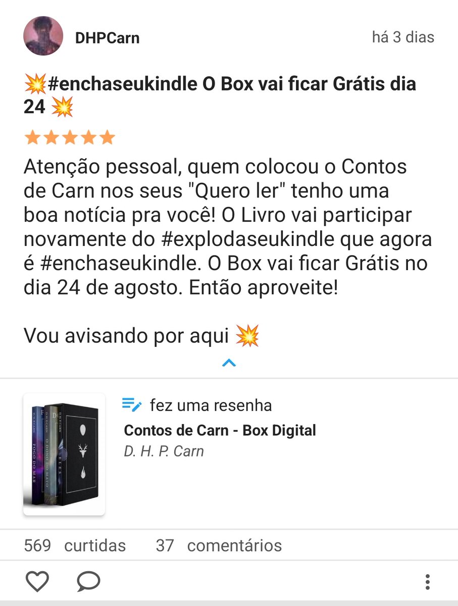 DHPCarn's tweet photo. Boa notícia! Contos de Carn vai estar novamente  Grátis no #explodaseukindle que agora é #enchaseukindle assim como outras centenas de livros. O primeiro foi histórico e esse vai ser também! 💥 https://t.co/sYsVQgNTiH
