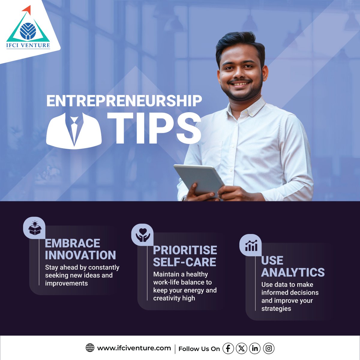 Embrace these essential tips to level up your entrepreneurial game. Embrace innovation to stay ahead, prioritise self-care for a healthy balance, and leverage data analytics for smart decision-making.

#Entrepreneurship #BusinessGrowth #SuccessTips #StartupIndia