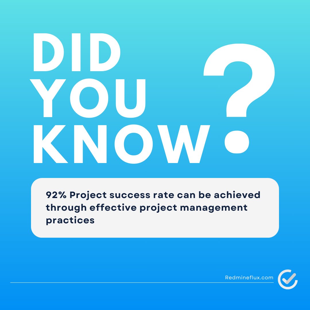Redmine_flux's tweet image. Did you know that using project management practices can boost your project success rate to a staggering 92%?  #ProjectManagement #Redmineplugin #Redmineflux