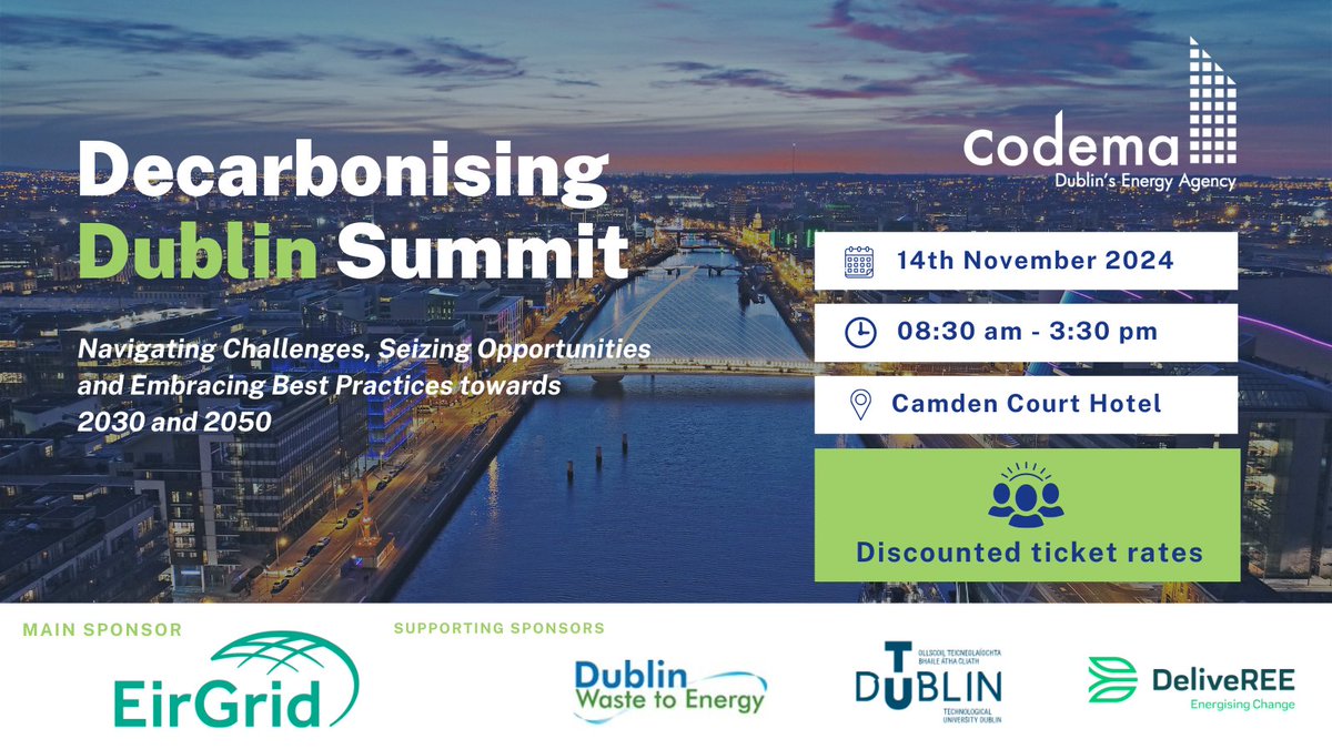 CodemaDublin's tweet image. 💚Are you part of a community group? Do you want to attend the #DecarbonisingDublin Summit and together explore the challenges and opportunities to reduce emissions in our capital?

Then get in touch with us directly about getting a discounted ticket!
ℹ️  bit.ly/4c3hzaI