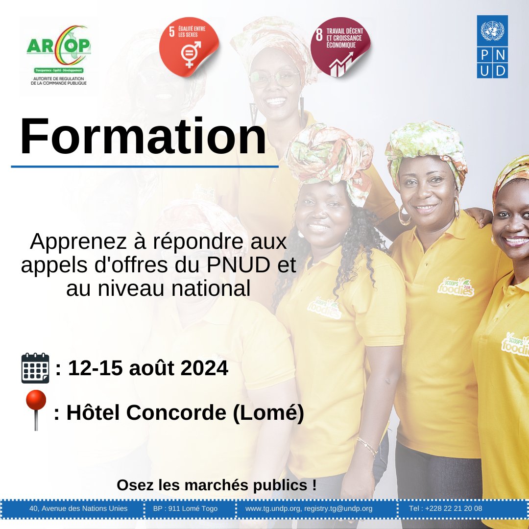 En collaboration avec l’@ArmpTogo, nous lançons la semaine prochaine une formation pour 60 femmes #entrepreneures sur les procédures de passation des marchés. 
🎯: Renforcer leur participation aux appels d'offres internationaux.
📅12-15 août 2024
#ODD5_8
#AutonomisationDesFemmes